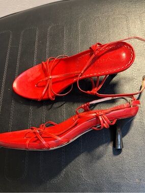 Red Strappy Slingback Heels - Women's Red Kitten Heel Sandals